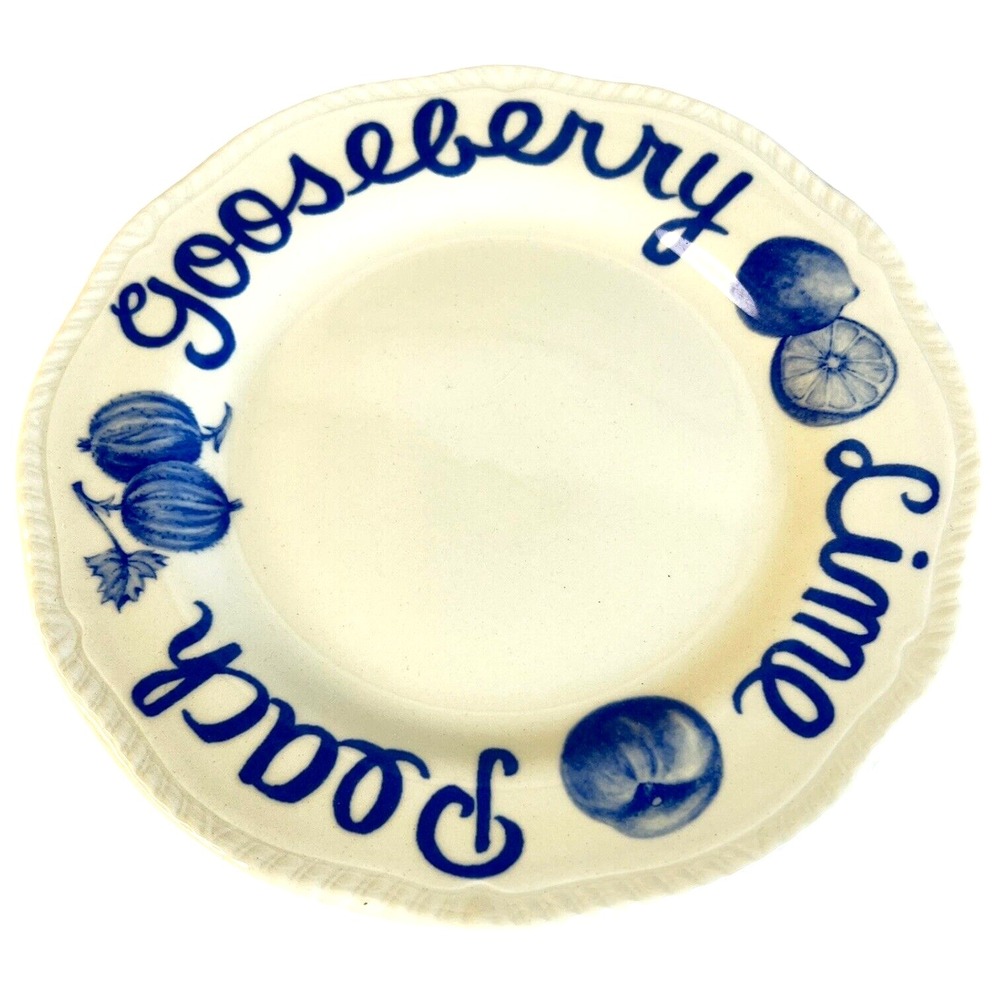 Wood And Sons Country Blue Salad Plate Fruit Gooseberry Lime Peach Letters White